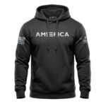 Black hoodie with "AMERICA" text and flag patches, casual American apparel.