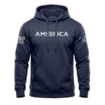 Hoodie with "AMERICA" print and American flag patches, perfect for patriotic wear.