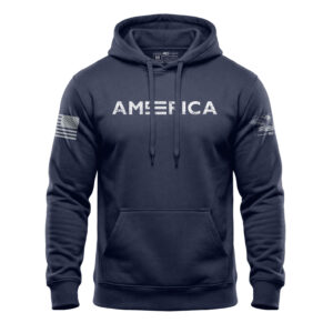 Hoodie with "AMERICA" print and American flag patches, perfect for patriotic wear.