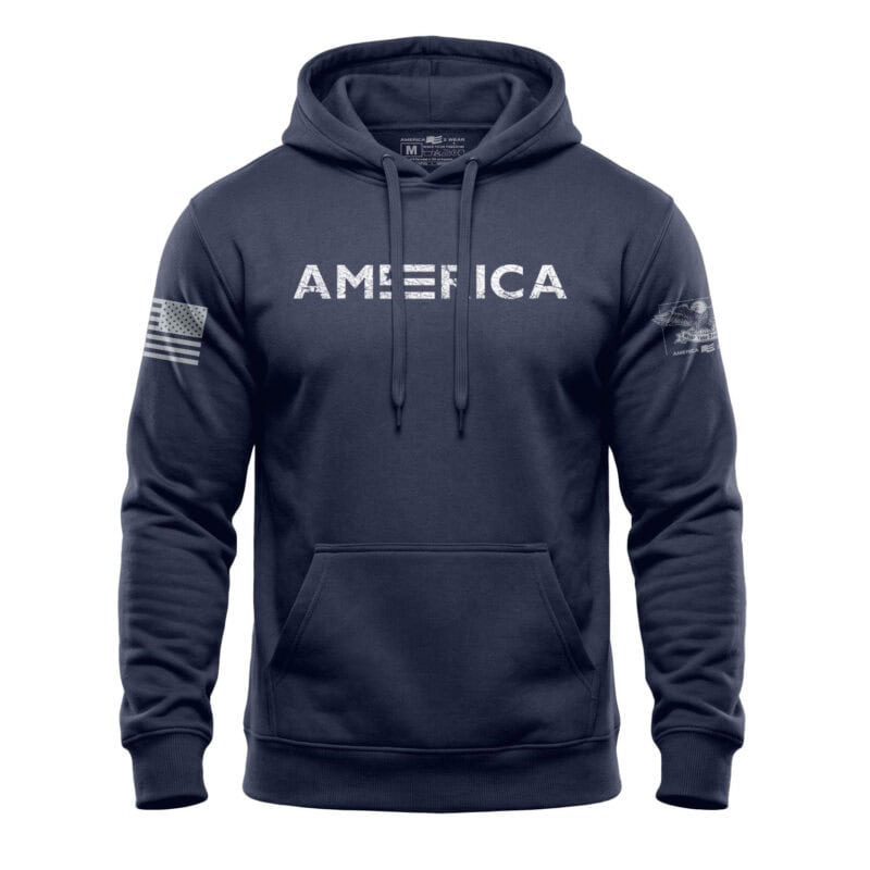 Hoodie with "AMERICA" print and American flag patches, perfect for patriotic wear.