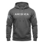 Gray hoodie with "AMERICA" text and American flags on sleeves, casual men's apparel.