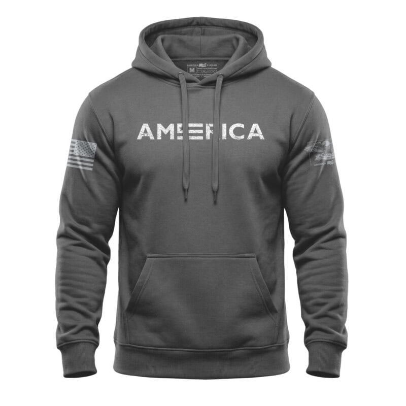 Gray hoodie with "AMERICA" text and American flags on sleeves, casual men's apparel.