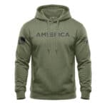 Hooded sweatshirt with "AMERICA" print and American flag patches, casual patriotic apparel.