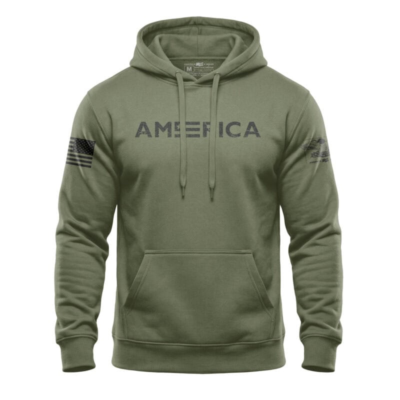 Hooded sweatshirt with "AMERICA" print and American flag patches, casual patriotic apparel.