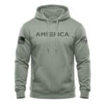 American flag hoodie with "AMERICA" text, casual streetwear style.