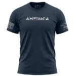 Navy blue T-shirt with "AMERICA" text and American flag design on sleeve.