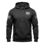 Black hoodie with 250th anniversary logo and American flag patches, casual and patriotic apparel.