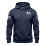 Navy blue hoodie featuring 250th anniversary logo and American flag patch for patriotic style.