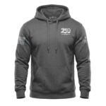 Gray hoodie celebrating 250 years with American flag patches on sleeves.