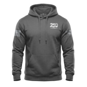 Gray hoodie celebrating 250 years with American flag patches on sleeves.