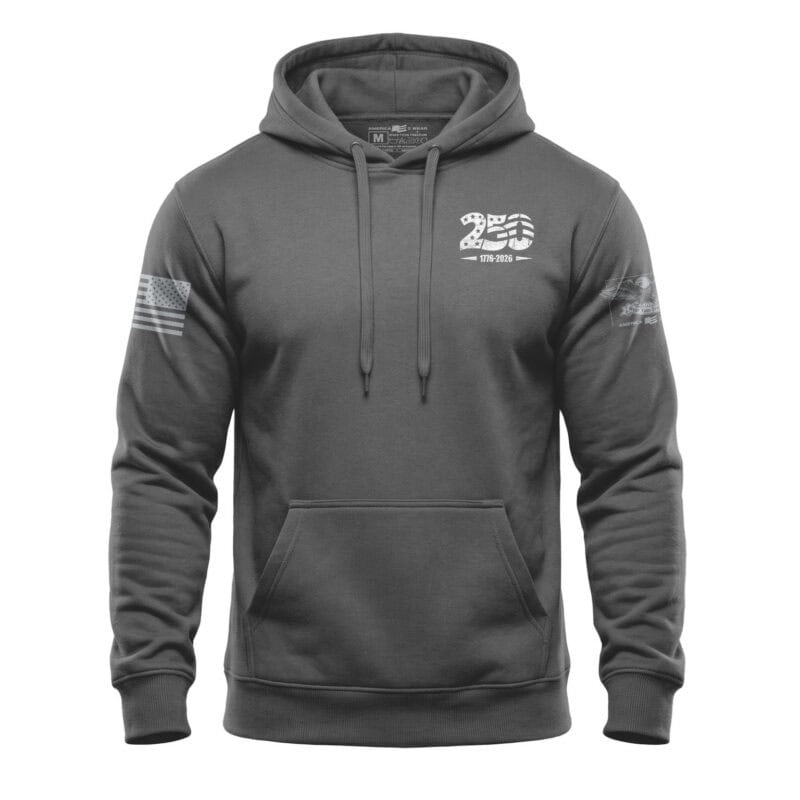 Gray hoodie celebrating 250 years with American flag patches on sleeves.