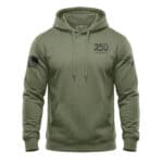 Men's olive green hoodie featuring 250th anniversary logo and American flag patches for patriotic ce.