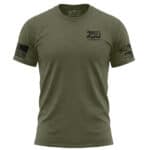 Olive green military T-shirt celebrating 25 years of service with patriotic patches.