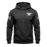 Black hoodie with Freedom Eagle logo and American flag patches, casual men's sweatshirt.