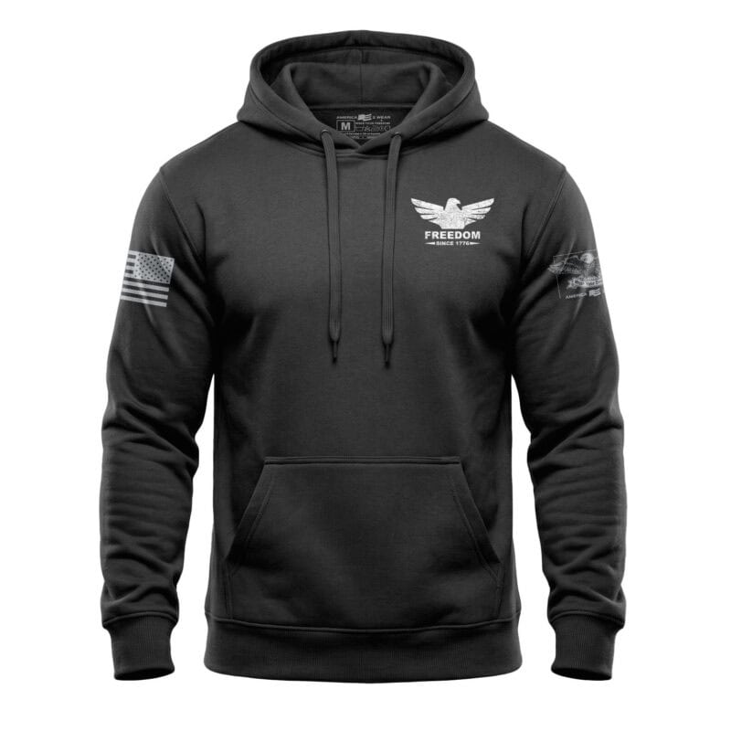 Black hoodie with Freedom Eagle logo and American flag patches, casual men's sweatshirt.