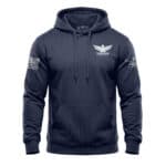 Navy blue hoodie with Freedom eagle logo and American flag patches, casual men's sweatshirt.