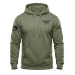 Olive green hoodie with Freedom Eagle logo and American flag patches on sleeves.