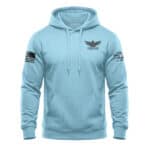 Light blue hoodie with American flag and eagle patches, patriotic apparel for men and women.