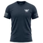 Men's navy blue T-shirt with Freedom eagle logo and American flag patch, patriotic casual wear.