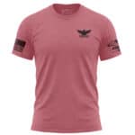 Patriotic men's T-shirt featuring a freedom eagle logo and American flag patches, perfect for showin.