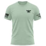 Men's light green T-shirt with eagle logo, American flag patch, and patriotic patches.