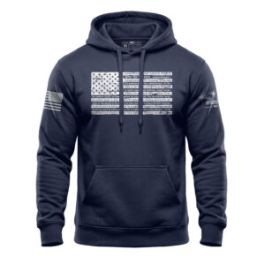 Navy blue hoodie featuring a distressed American flag graphic on the front and sleeve.