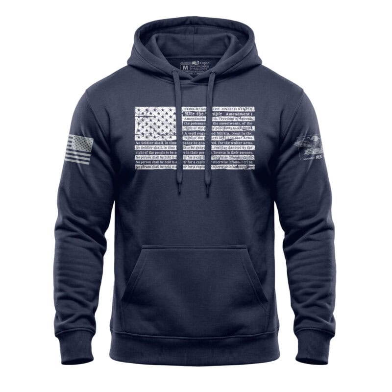 Navy blue hoodie featuring a distressed American flag graphic on the front and sleeve.