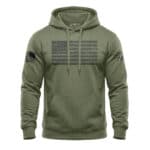 Olive green hoodie with American flag design on chest and sleeves, casual patriotic apparel.