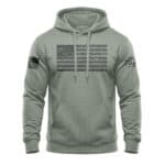Gray hoodie featuring American flag and patriotic text design, casual wear for Americans.