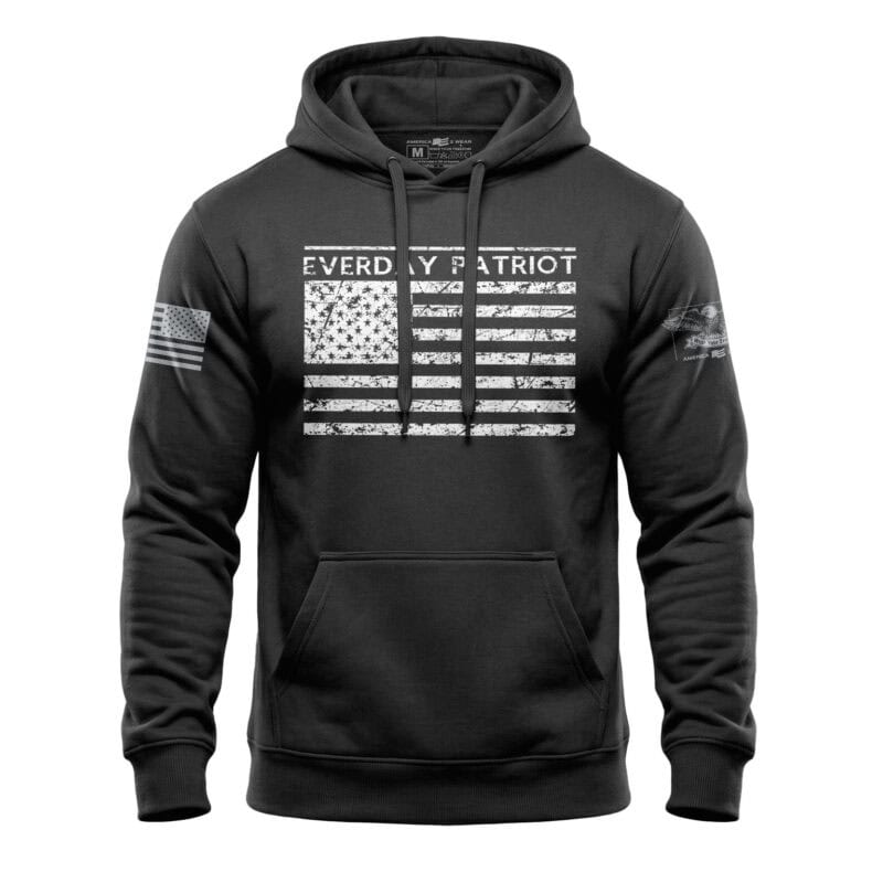 Patriot flag hoodie featuring "Everyday Patriot" text, perfect for American pride and casual wear.