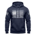 Navy blue hoodie with American flag and patriotic design, perfect for American pride.