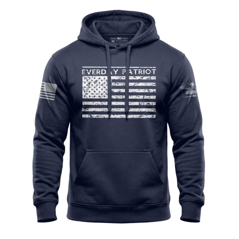 Navy blue hoodie with American flag and patriotic design, perfect for American pride.