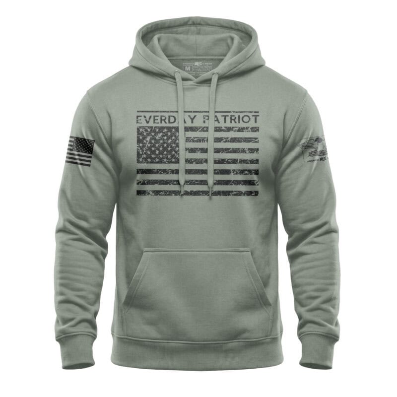 Patriot American flag hoodie with "Everdly Patriot" text, perfect for patriotic apparel enthusiasts.