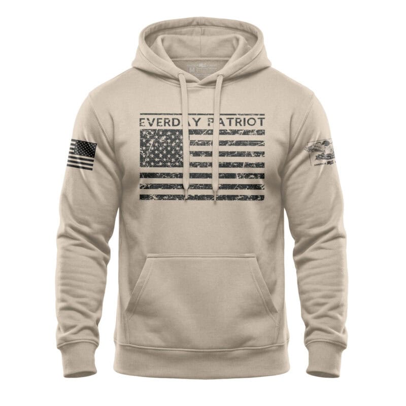 Beige hoodie featuring American flag and patriotic graphics for men and women.