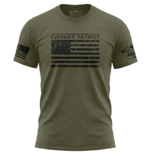 Olive green men's T-shirt featuring "Everyday Patriot" and American flag graphic.