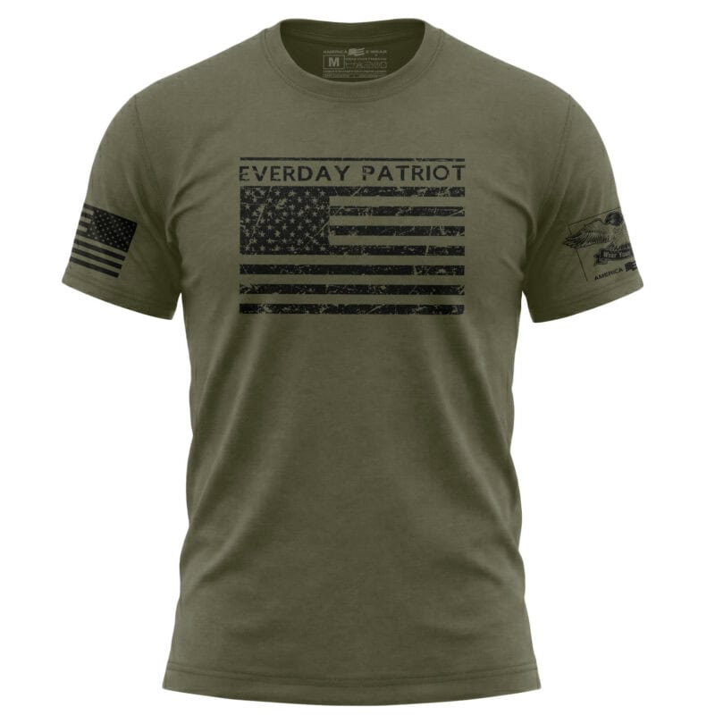 Olive green men's T-shirt featuring "Everyday Patriot" and American flag graphic.
