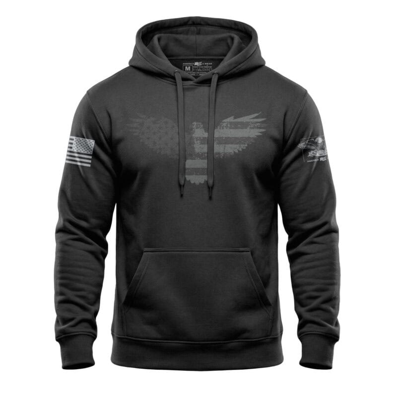 Black hoodie with American flag and eagle design, patriotic apparel for men.
