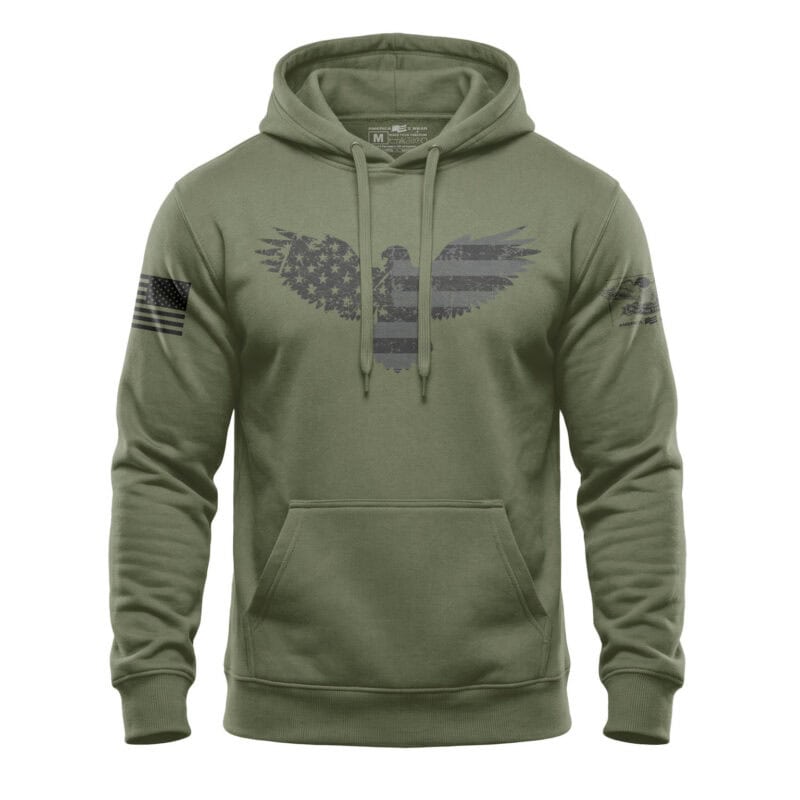 American flag hoodie with eagle emblem, military-inspired style, and patriotic theme. Perfect for ca.