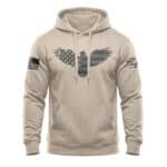 Beige hoodie featuring a distressed American eagle with flag wings design.