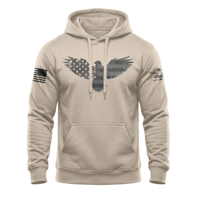 Beige hoodie featuring a distressed American eagle with flag wings design.