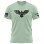 Men's patriotic eagle T-shirt with American flag patches on sleeves.