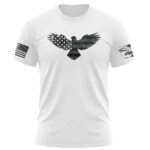 White T-shirt with black eagle and American flag designs, patriotic apparel for men.