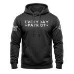 Black hoodie with "Everyday Patriot" text and American flag patches, casual patriotic apparel.