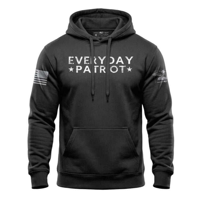 Black hoodie with "Everyday Patriot" text and American flag patches, casual patriotic apparel.