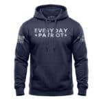 Navy blue hoodie with "Everyday Patriot" text and American flag patches.