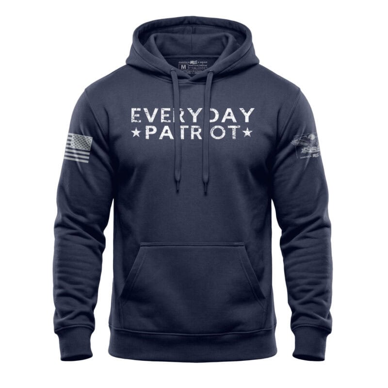 Navy blue hoodie with "Everyday Patriot" text and American flag patches.