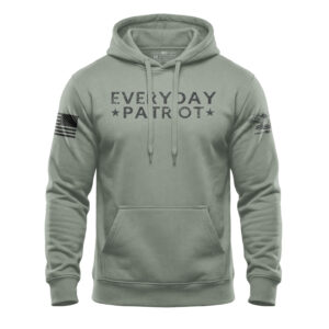 Comfortable green hoodie featuring "Everyday Patriot" text and American flag patch on sleeve.