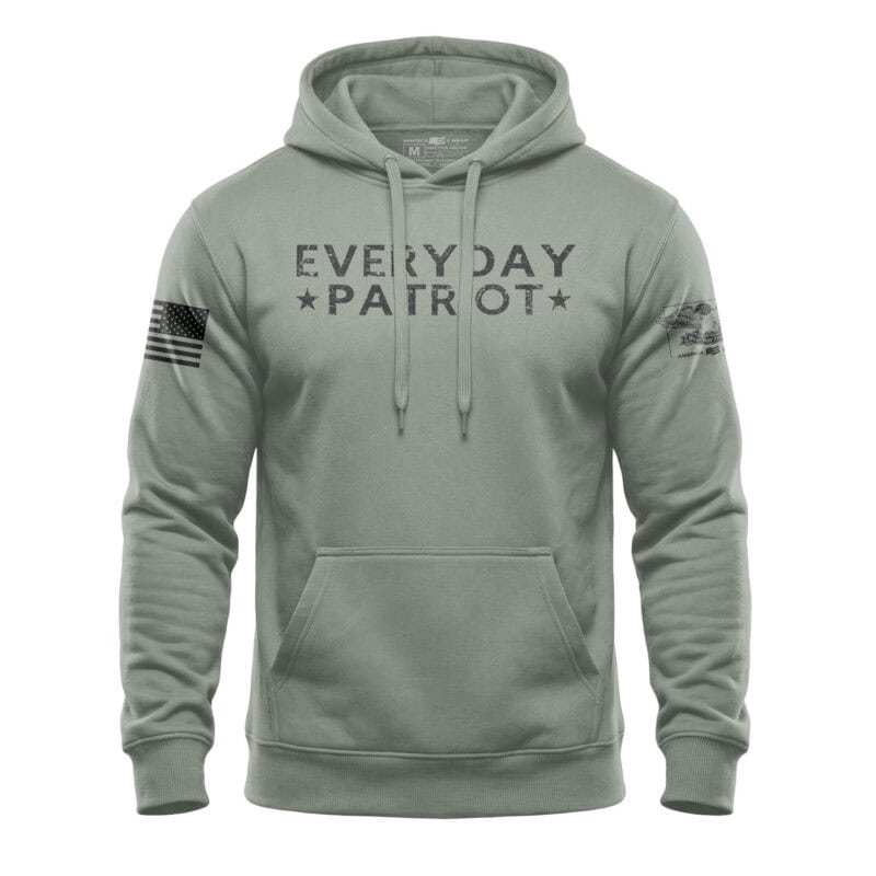Comfortable green hoodie featuring "Everyday Patriot" text and American flag patch on sleeve.
