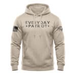 Men's beige hoodie with patriotic USA flag and eagle patches, "Everyday Patriot" text.