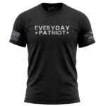 Black "Everyday Patriot" T-shirt with American flag patch on sleeve, casual patriotic apparel.